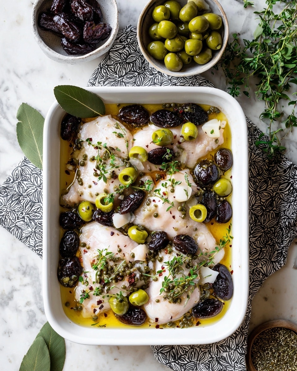 A white square dish with five pale raw chicken pieces as the base layer, placed close together, partially covered with a light yellow oil sauce. The second layer consists of sliced green olives scattered evenly across the chicken, along with several whole peeled garlic cloves and dark wrinkled prunes spread well around the dish. Fresh green herbs and small green capers are sprinkled on top along with a light dusting of fine white salt or seasoning. Two fresh bay leaves rest on one corner for garnish. The dish is set on a white marbled surface with a small white bowl of prunes, another white bowl full of green olives, a vintage white bowl with fresh herbs, and a gray patterned cloth around it. Photo taken with an iphone --ar 4:5 --v 7