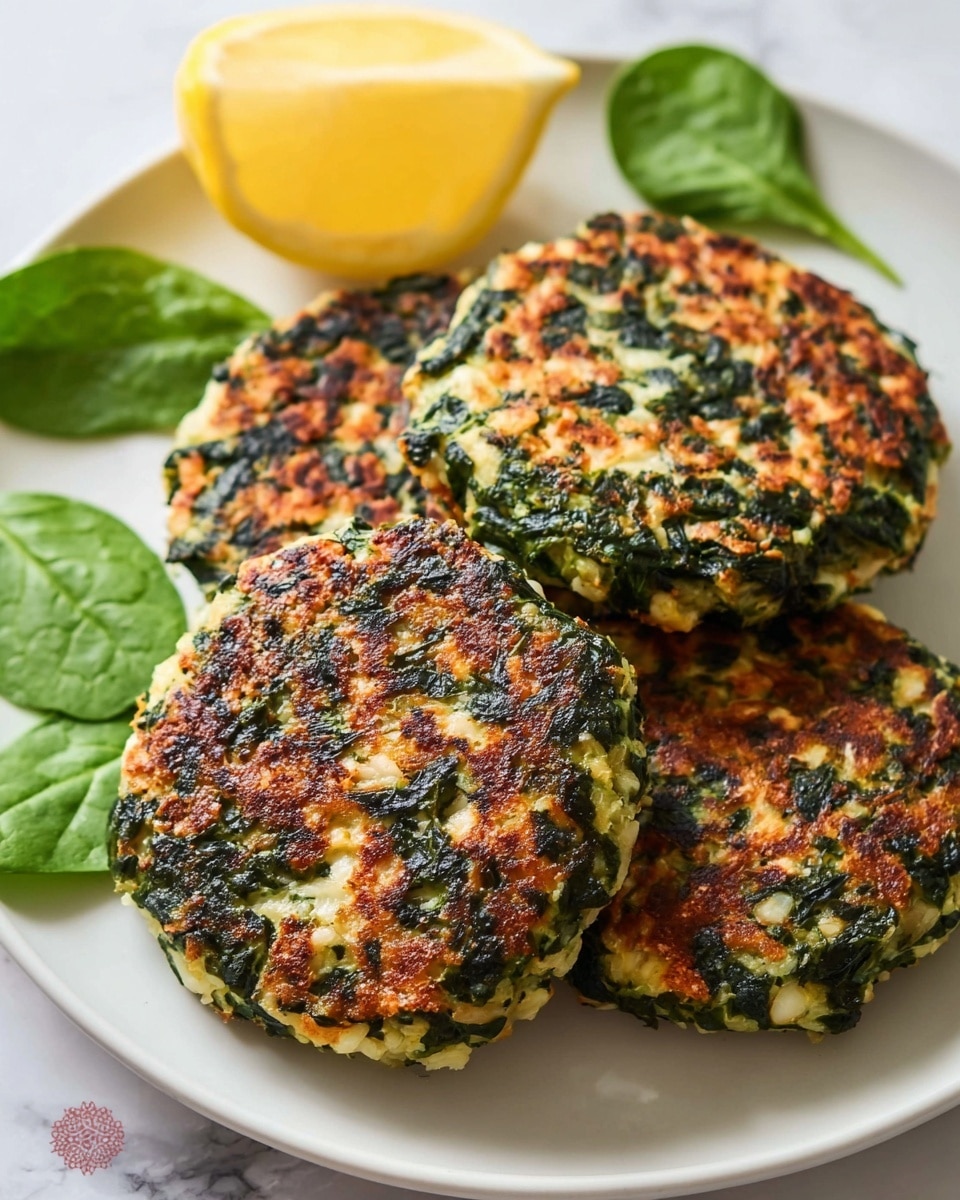 The image shows three round patties with a rough texture, made mostly of cooked spinach mixed with light-colored ingredients. The patties have a browned, slightly crispy surface with green spinach parts visible throughout. They are placed on a white plate on a white marbled surface. To the left side, there’s a half lemon with a bright yellow color and a few fresh spinach leaves nearby. The close-up view highlights the contrast between the dark green spinach and the light batter of the patties. photo taken with an iphone --ar 4:5 --v 7