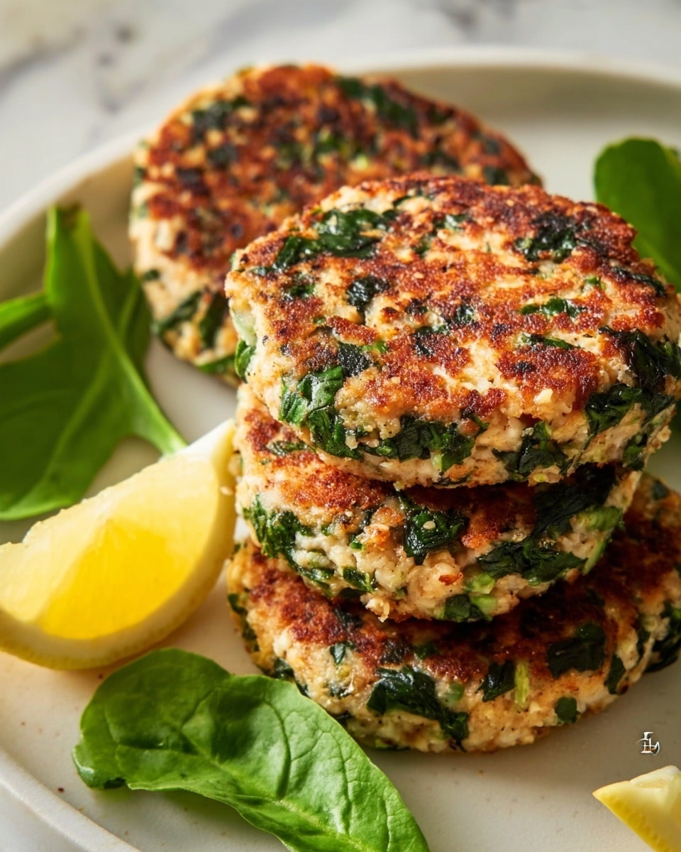 The image shows a close-up of three round patties stacked on a white plate with a white marbled surface beneath. Each patty has a mix of green leafy bits and a light beige base with golden brown spots from cooking. The texture looks slightly bumpy with visible chopped greens. A bright yellow lemon wedge is placed near the patties, and fresh green leaves are visible on the side of the plate. The lighting highlights the crispy edges and moist interior of the patties. photo taken with an iphone --ar 4:5 --v 7