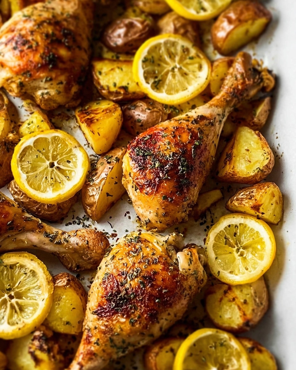 The image shows roasted chicken legs with crispy browned skin on top, seasoned with herbs that add small green specks on the golden surface. Around the chicken legs, there are pieces of roasted potatoes with a caramelized brown crust and soft yellow inside. Bright yellow lemon slices, some whole and some halved, are spread evenly among the chicken and potatoes, adding a fresh contrast. All the food is placed closely together on a white surface with a white marbled texture. The lighting highlights the juicy and textured look of the chicken and the roasted shine on the lemon slices. photo taken with an iphone --ar 4:5 --v 7
