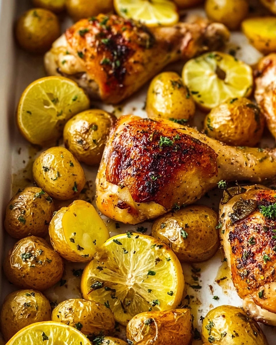 The image shows a close-up of roasted chicken pieces and golden roasted small potatoes on a white marbled surface. The chicken pieces have a golden brown, crispy skin with some specks of green herbs sprinkled on top. The potatoes are a mix of whole and halved pieces, displaying a golden yellow interior and slightly browned skins, also topped with herbs. There are a few lemon halves with bright yellow flesh placed around the chicken and potatoes, adding a vibrant color contrast. The whole dish looks warm, juicy, and seasoned well, inviting and hearty in appearance. photo taken with an iphone --ar 4:5 --v 7