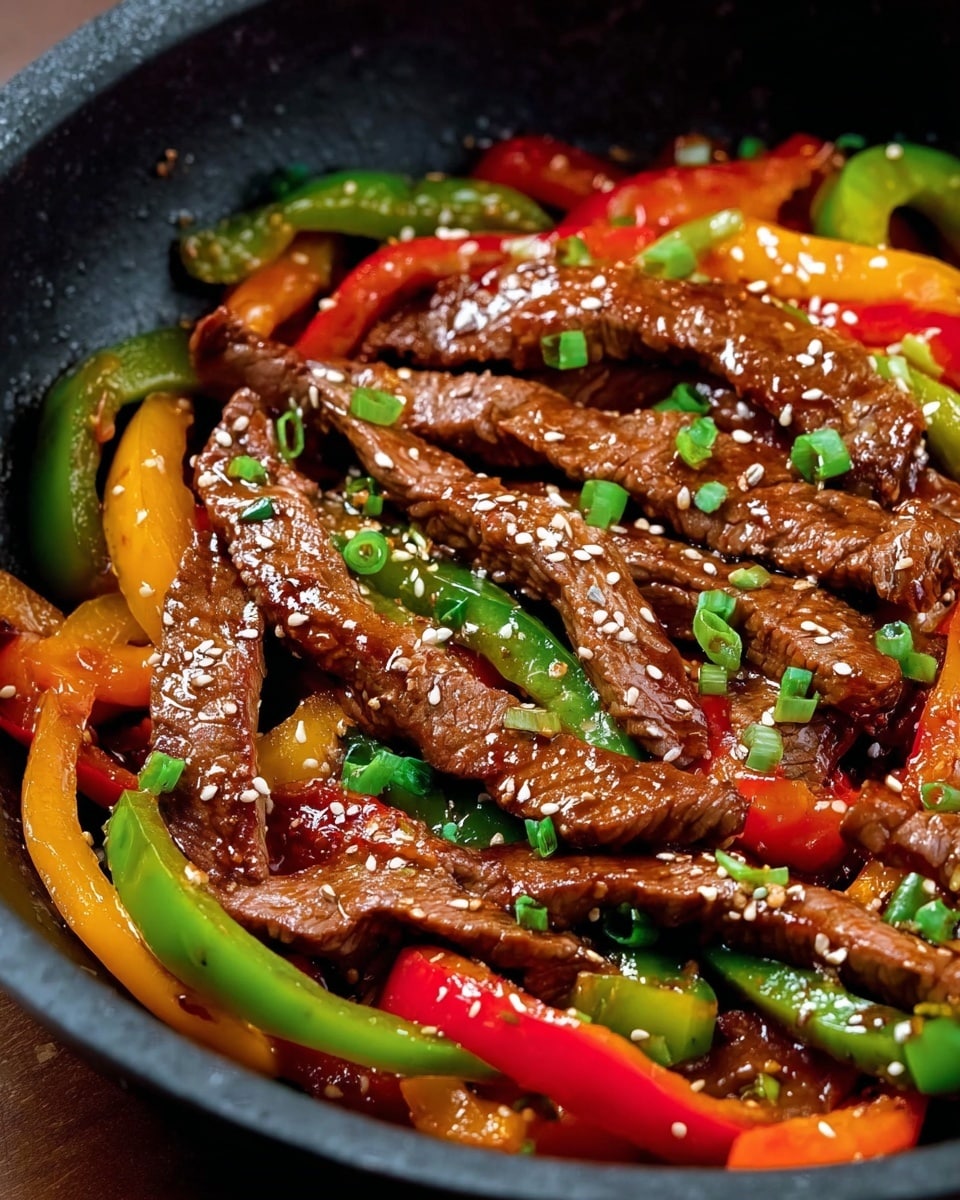 This image shows a close-up of cooked sliced beef and colorful bell peppers in a dark pan. The dish has many layers, with thick pieces of brown beef strips on top, covered in a shiny glaze and sprinkled with white sesame seeds and small green chopped onions. Underneath the beef, there are red, green, and yellow bell pepper strips, which look soft and glossy. The background is a white marbled texture. photo taken with an iphone --ar 4:5 --v 7