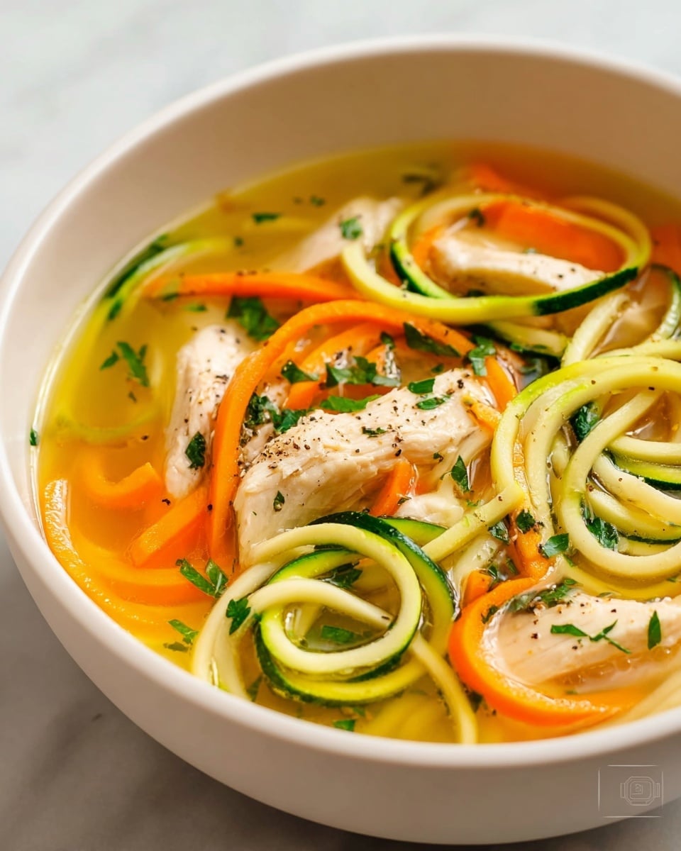 A white bowl holds a clear yellow broth filled with spiral-shaped orange carrot ribbons and green zucchini noodles that curl gently around pieces of tender light beige chicken. Small black pepper specks and bright green chopped herbs float on the surface, adding a fresh contrast. The ingredients are layered softly under the broth, creating a light, colorful, and healthy soup appearance on a white marbled surface. Photo taken with an iphone --ar 4:5 --v 7