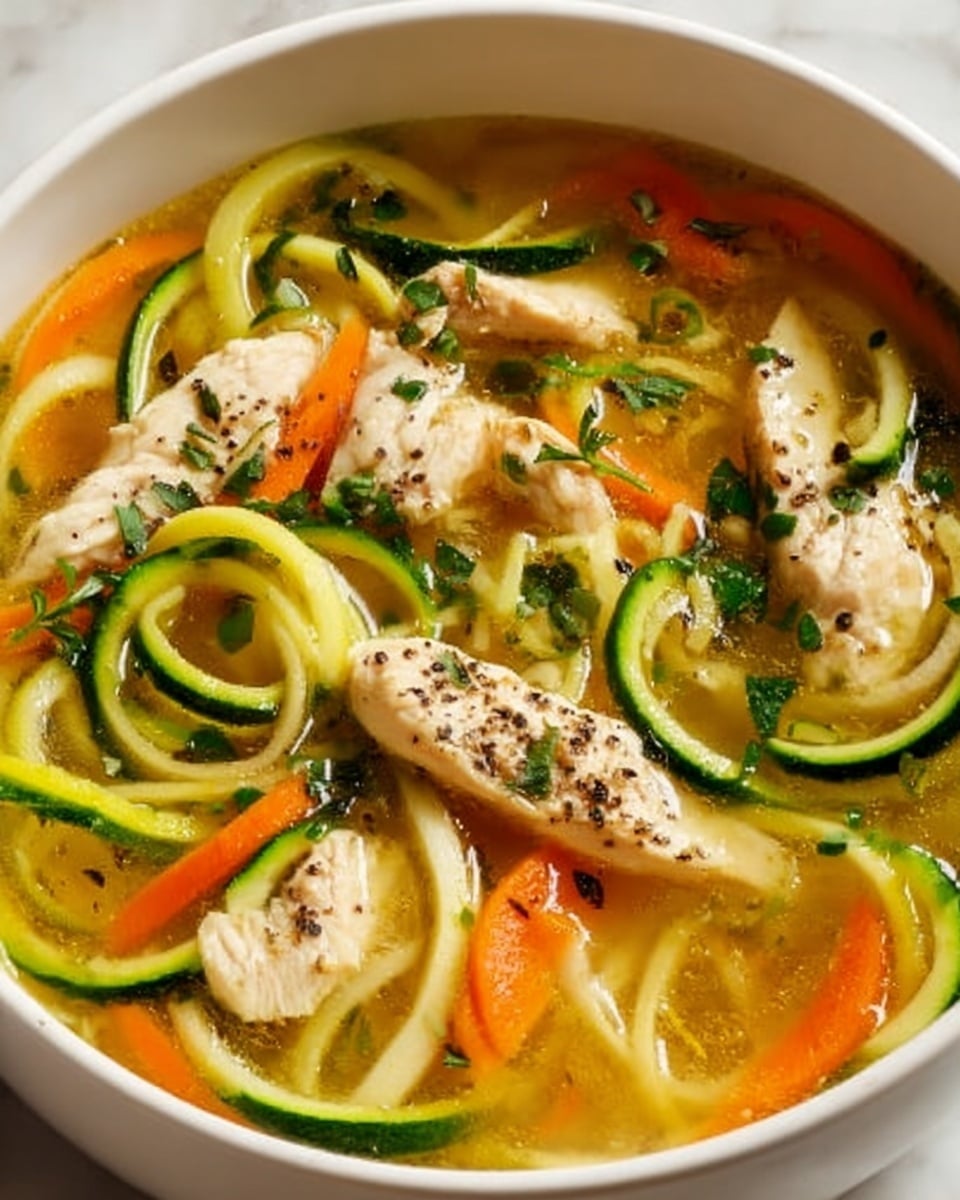 A white bowl filled with clear chicken broth containing spiralized green zucchini and orange carrot noodles, soft white pieces of cooked chicken sprinkled with black pepper, and small pieces of fresh green herbs scattered on top. The soup layers show the bright vegetables and tender chicken floating gently in the golden broth. The background is a white marbled surface. Photo taken with an iphone --ar 4:5 --v 7