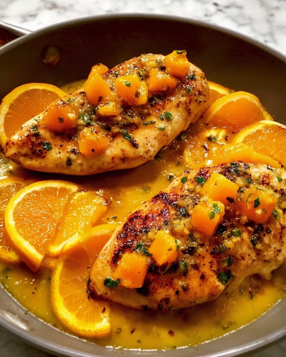 Two cooked chicken pieces with a golden brown color and slight char marks sit in a pan. Each chicken piece is topped with small orange chunks and bits of green herbs. Around the chicken are orange wedges and slices in a light orange sauce that fills the pan's bottom. The pan is set on a white marbled surface. photo taken with an iphone --ar 4:5 --v 7
