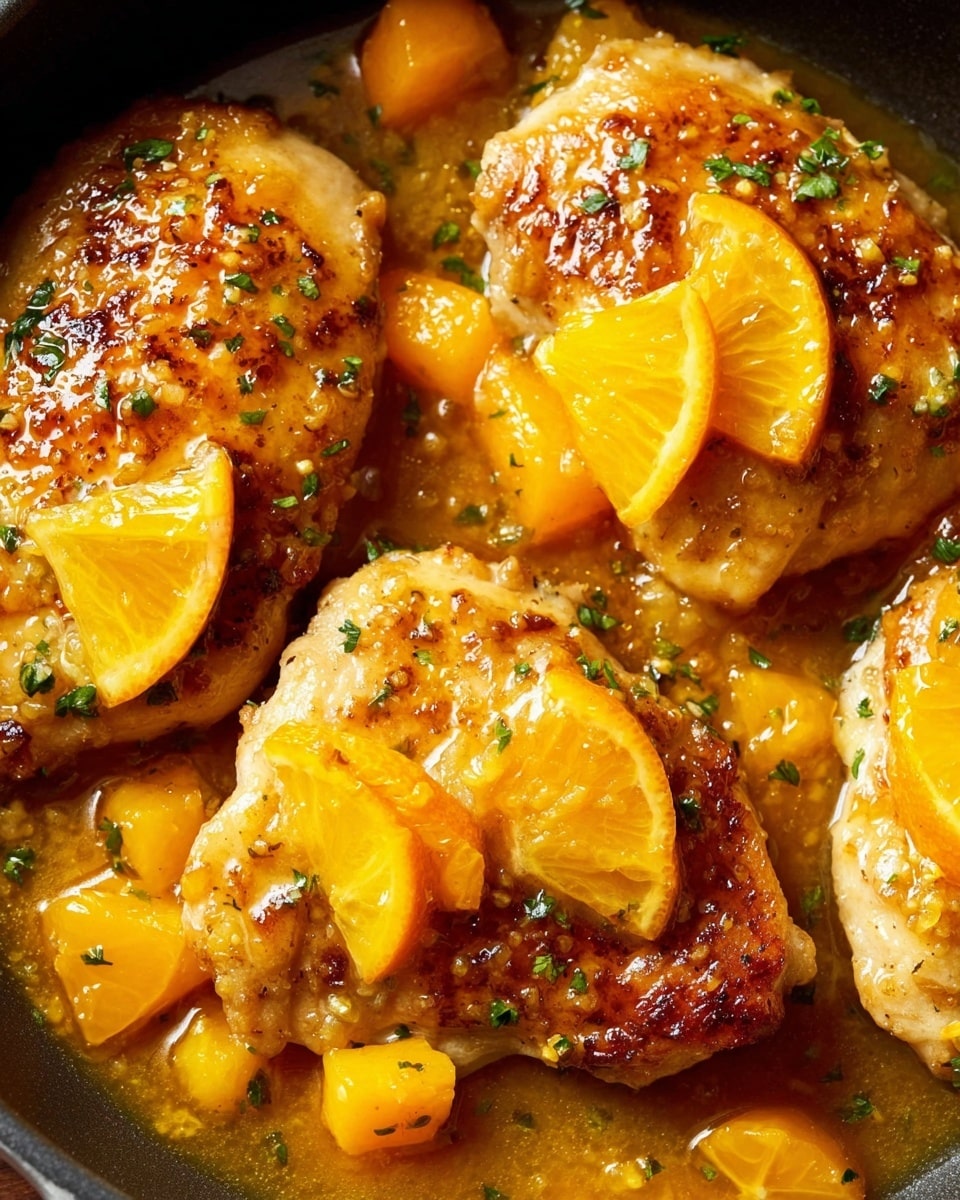A close-up view of three cooked chicken pieces placed in a dark pan. Each piece has a golden-brown, slightly crispy texture on top, covered with bright orange slices and small orange chunks scattered around. The dish is coated with a shiny orange sauce, decorated with small green herb bits. The sauce pools around the chicken, adding a glossy look to the whole dish. photo taken with an iphone --ar 4:5 --v 7