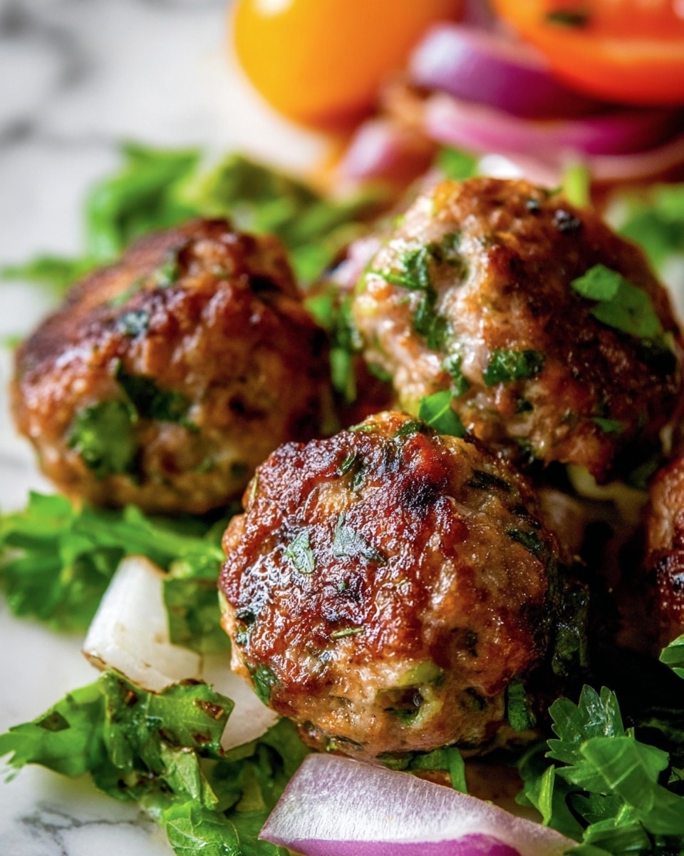 The image shows three small, round meatballs with a browned, slightly crisp outer layer, speckled with green herbs, resting on a bed of green leafy parsley and pieces of light purple onion. Behind the meatballs, there are some bright orange tomato pieces adding a pop of color. The textures of the meatballs look juicy and firm, with a mix of green herbs visible inside. The background surface is a white marbled texture. photo taken with an iphone --ar 4:5 --v 7