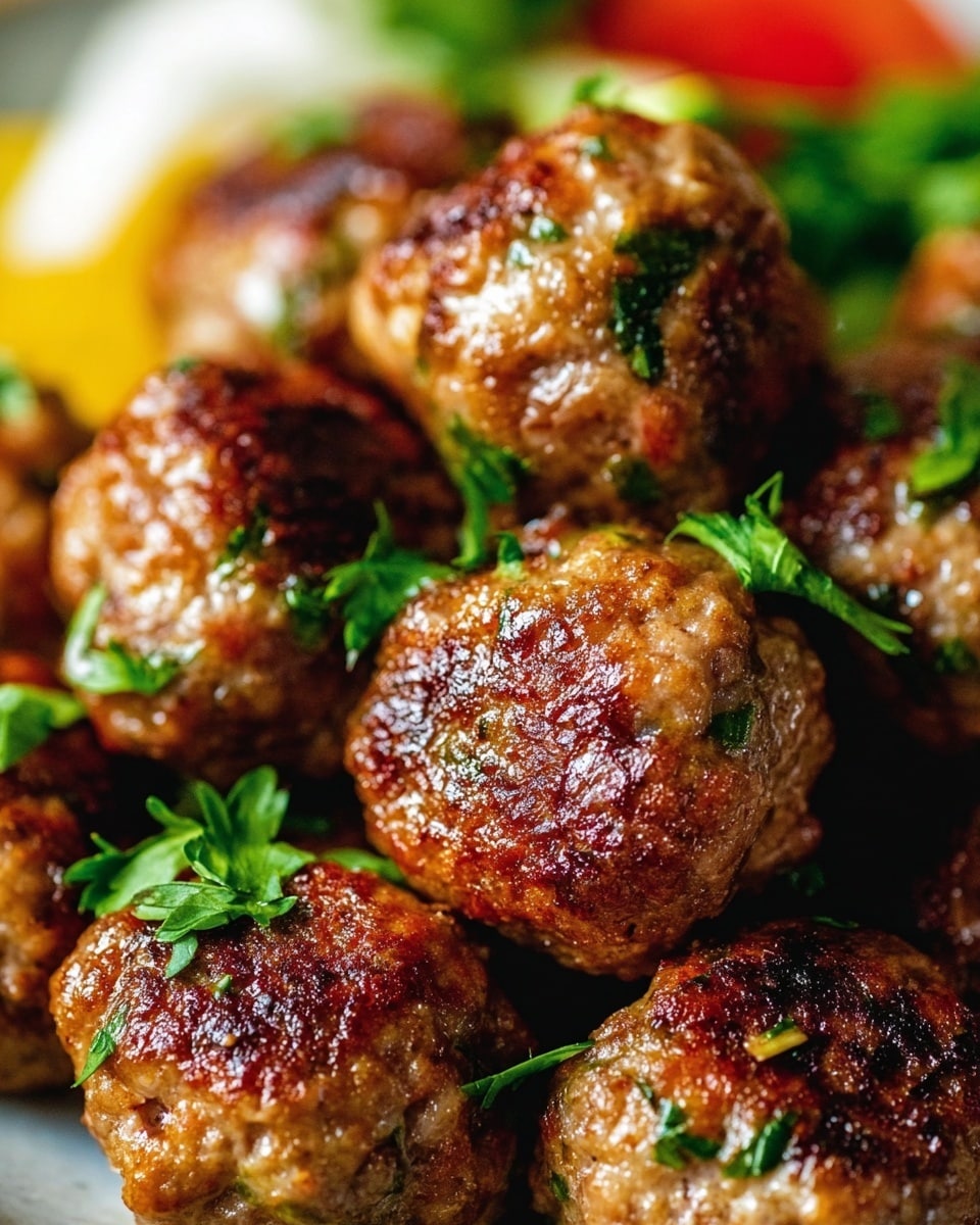 The image shows a close-up of many small, round meatballs with a golden-brown, slightly crispy surface and bits of green herbs mixed inside. The meatballs have a shiny texture, indicating they are well-cooked and juicy. Some chopped green herbs are sprinkled on top of the meatballs, adding a fresh touch. In the background, there are blurred hints of red and white, possibly vegetables or other side items, all placed on a white marbled texture. photo taken with an iphone --ar 4:5 --v 7
