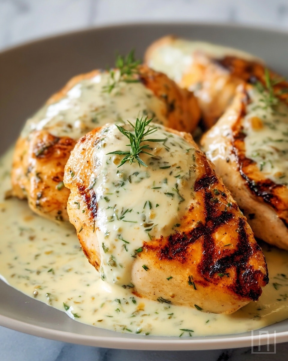 The image shows three pieces of grilled chicken placed close together on a white plate. Each chicken piece is golden brown with visible grill marks and has a creamy white sauce with green herb flecks poured over the top and around the base, partially covering the surface. There is a small green herb garnish on one chicken piece, adding a fresh touch. The background features a white marbled texture, enhancing the focus on the warm-colored, succulent chicken and sauce. photo taken with an iphone --ar 4:5 --v 7