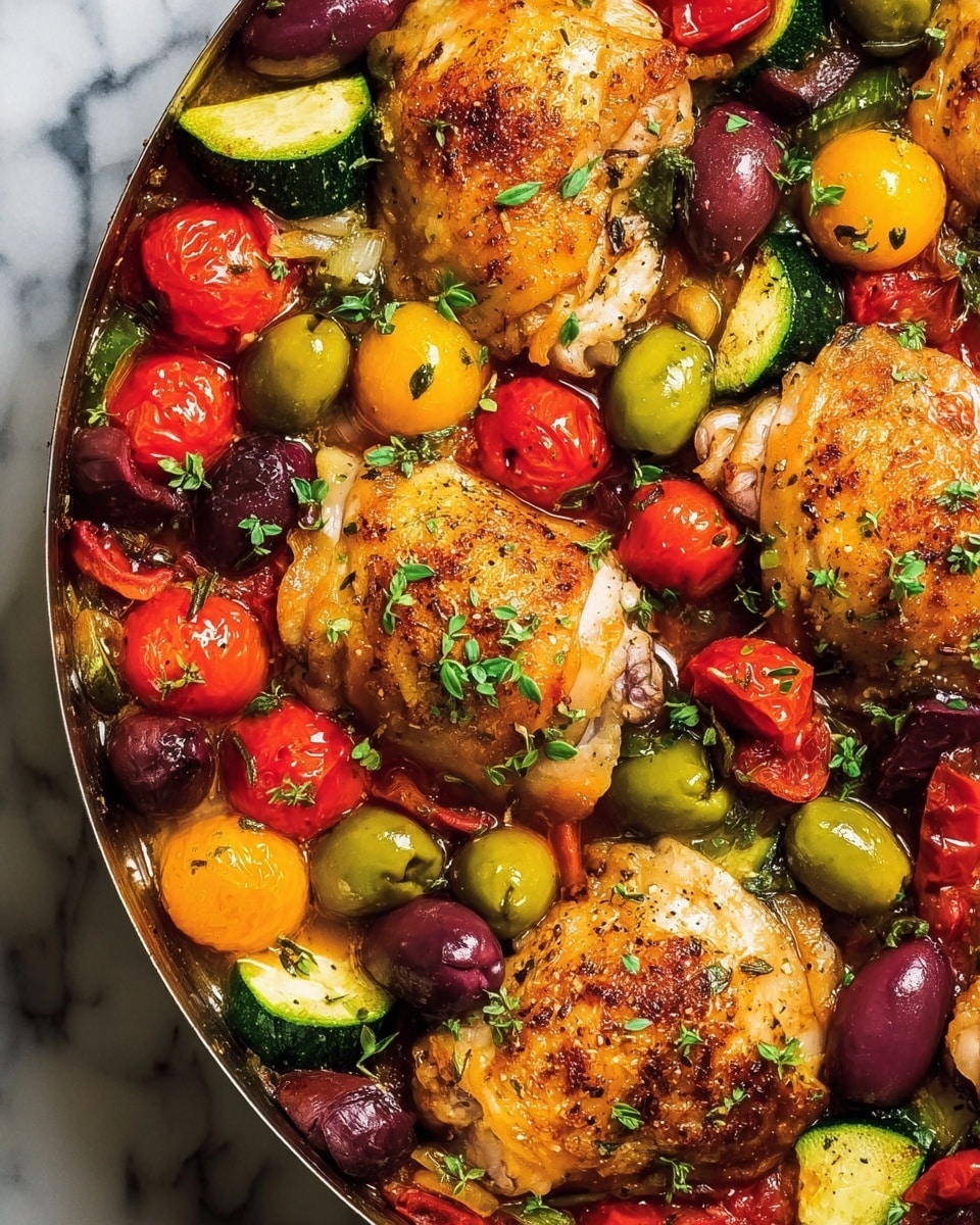 The image shows a close-up of a cooked dish with several pieces of browned chicken thighs placed on top of a mix of colorful vegetables. The vegetables include whole red and yellow cherry tomatoes, purple olives, and slices of green zucchini, all mixed together at the bottom. The chicken pieces are golden brown with a slightly crispy texture and are sprinkled with small green herb leaves on top. The whole scene sits on a white marbled surface. photo taken with an iphone --ar 4:5 --v 7