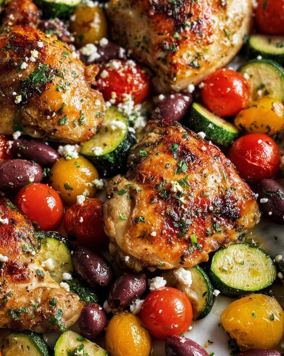 The image shows a close-up of three golden-brown cooked chicken pieces with a crispy, slightly charred skin, scattered with small green herb flakes and a bit of white crumbly cheese. Around the chicken, there are layers of colorful ingredients including bright red and yellow cherry tomatoes with shiny, smooth skins, sliced green zucchini with light grill marks, and dark purple and green olives. The dish is served on a white marbled surface that adds a clean and fresh look to the colorful and textured food. photo taken with an iphone --ar 4:5 --v 7