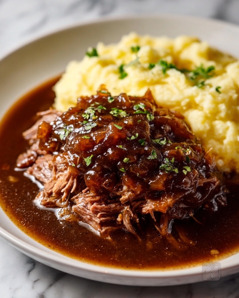 A close-up of a white plate with two main layers: at the bottom, a pool of dark brown gravy with a glossy texture spreads across the plate; on top, shredded brown meat soaked in gravy is piled in a slightly uneven block, covered by a thick layer of chunky brown sauce with visible small bits of onions, garnished with small green herb leaves scattered on top; behind this, a heap of creamy yellow mashed potatoes with a soft and fluffy texture fills the upper part of the plate; the plate sits on a white marbled surface, and the photo is taken with an iphone --ar 4:5 --v 7