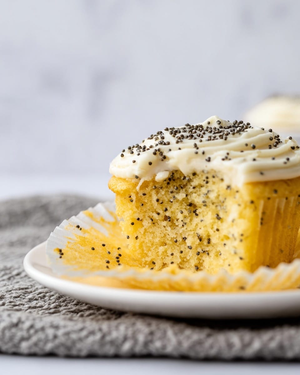 A close-up view of a single yellow cupcake with tiny black seeds visible throughout the soft and airy texture. The cupcake has one creamy white frosting layer on top, sprinkled with more black seeds. The cupcake liner is peeled back, resting on a clean white plate. The plate sits on a textured gray cloth, and the background is a white marbled surface. photo taken with an iphone --ar 4:5 --v 7