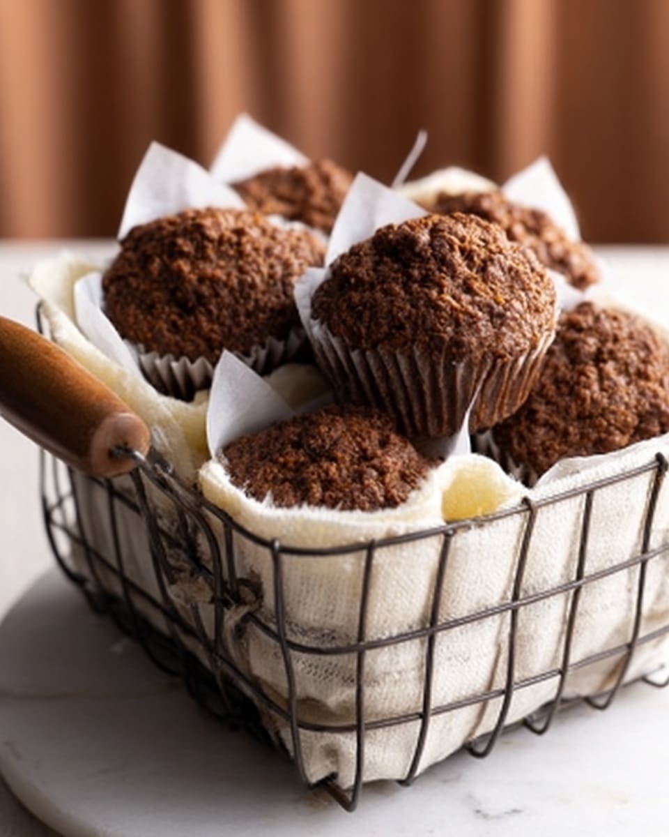 A wire basket with a wooden handle holds six brown muffins wrapped in white paper liners. The basket is lined with a yellow and white striped cloth that softly folds around the muffins. The background is a white marbled surface, keeping the focus on the textured, slightly rough tops of the muffins that look warm and fresh. The scene has a soft natural light giving a cozy and inviting feel. Photo taken with an iphone --ar 4:5 --v 7