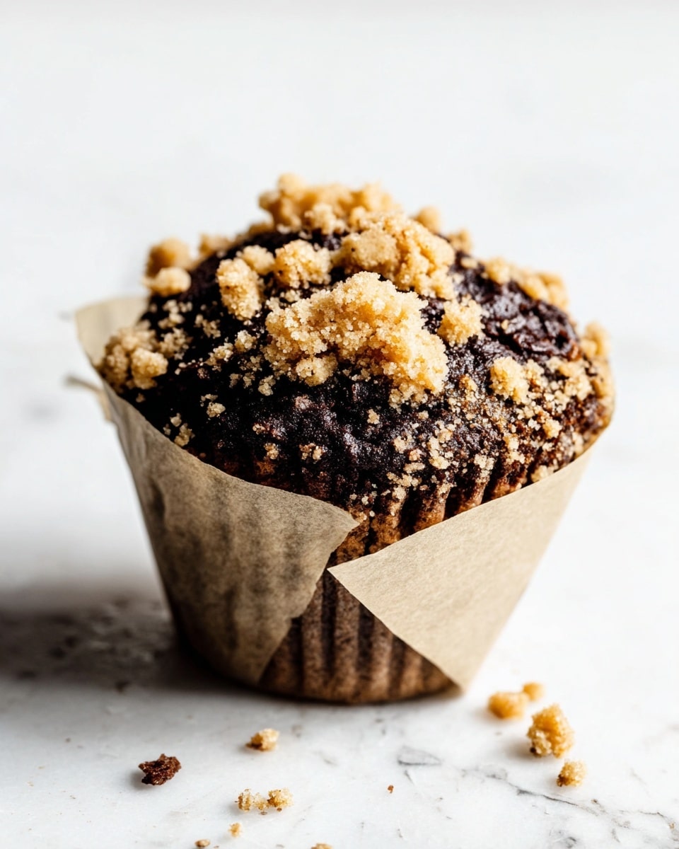 The image shows six chocolate muffins with crumb toppings placed on a metal cooling rack. Each muffin has a dark brown base with ridged baking paper liners around them in a light brown color. The crumb topping is golden and crumbly, scattered unevenly on the top surface of each muffin, giving a rough texture. The muffins are arranged in two rows of three on a white marbled surface, with a soft light that highlights the texture of the crumbs and the dark, moist look of the chocolate muffin beneath. The background is plain white, keeping focus on the muffins. photo taken with an iphone --ar 4:5 --v 7