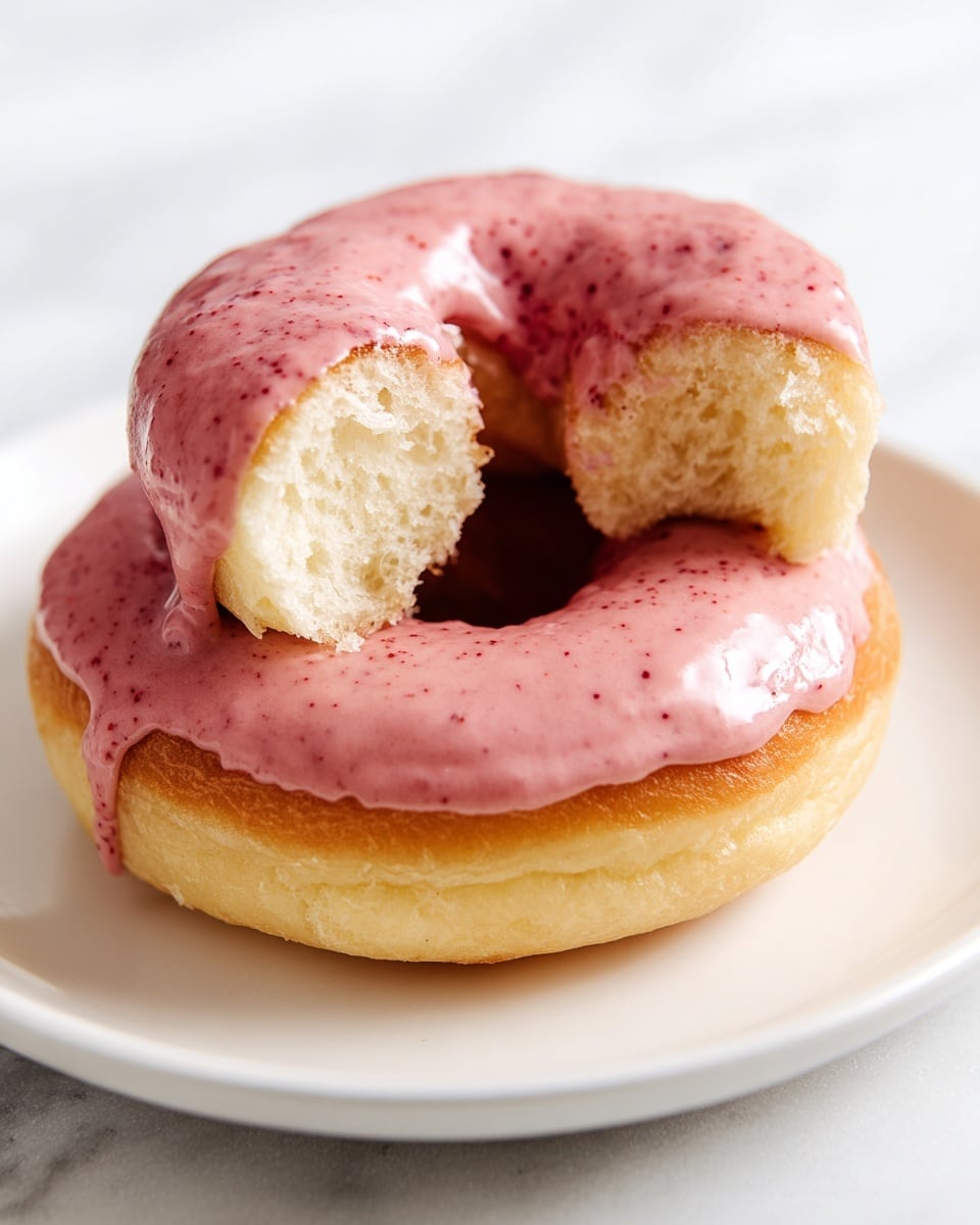 A soft, round doughnut sits on a white plate with a white marbled texture background. The doughnut has a light golden-brown color and is coated on top with a thick, smooth pink frosting that drips slightly over the edges. On top of the doughnut, there is a smaller doughnut hole showing its airy, fluffy inside with a light cream color and a slightly toasted bottom. The pink frosting on the doughnut and doughnut hole has tiny specks, giving it a textured look. Photo taken with an iphone --ar 4:5 --v 7