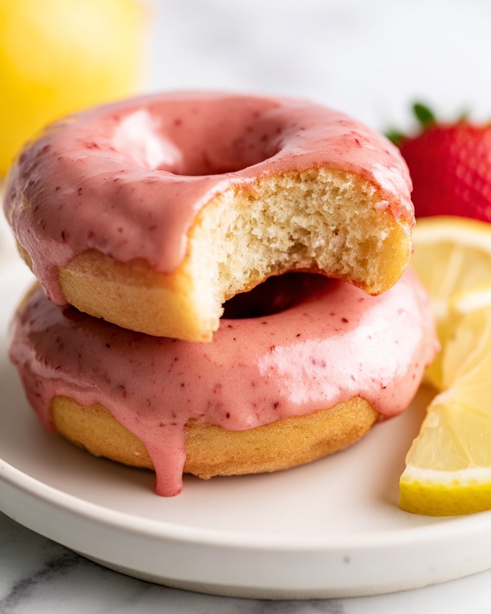 The image shows eight donuts on a silver cooling rack placed on a white marbled surface. Each donut has one layer of smooth, shiny pink glaze with small red specks evenly covering the top. There are five larger ring-shaped donuts with the glaze fully covering the top surface and the dough visible on the sides and inner circle. The remaining three are smaller round donut holes, also fully coated with the same pink glaze. Some glaze drips slightly over the edges and has left small spots on the rack and surface below. The lighting is bright and natural, highlighting the glossy texture of the glaze photo taken with an iphone --ar 4:5 --v 7