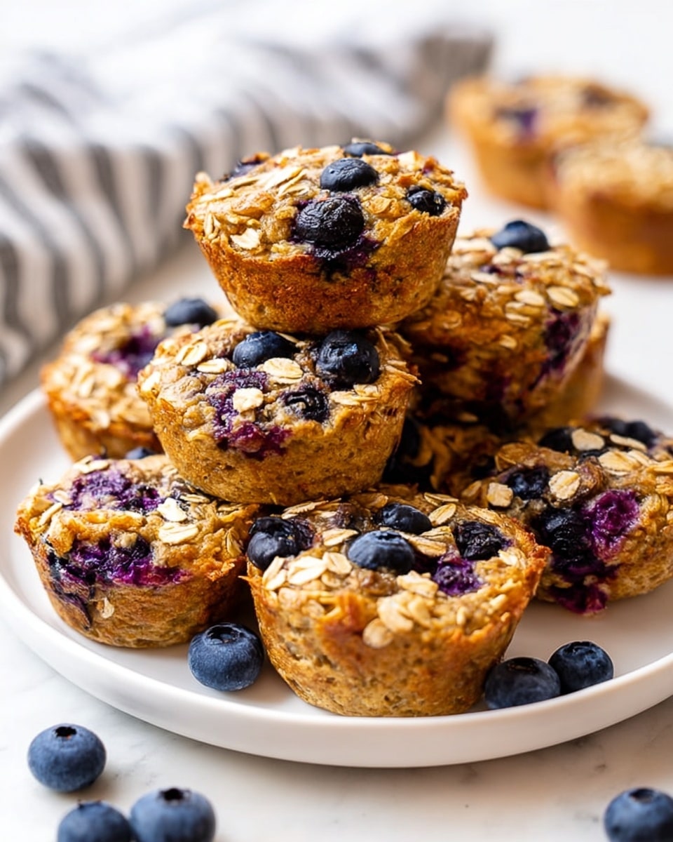 A white round plate piled high with small oatmeal muffins mixed with dark purple and blue blueberries. Each muffin has a rough textured top made of golden oats and scattered whole blueberries, with a dense, slightly wet oatmeal base that looks soft and chewy with visible bits of blueberries inside. Some loose blueberries are on the white marbled surface around the plate, with two muffins slightly blurred in the background. A white and gray striped cloth is softly seen in the upper corner, enhancing the warm and fresh feeling. Photo taken with an iphone --ar 4:5 --v 7