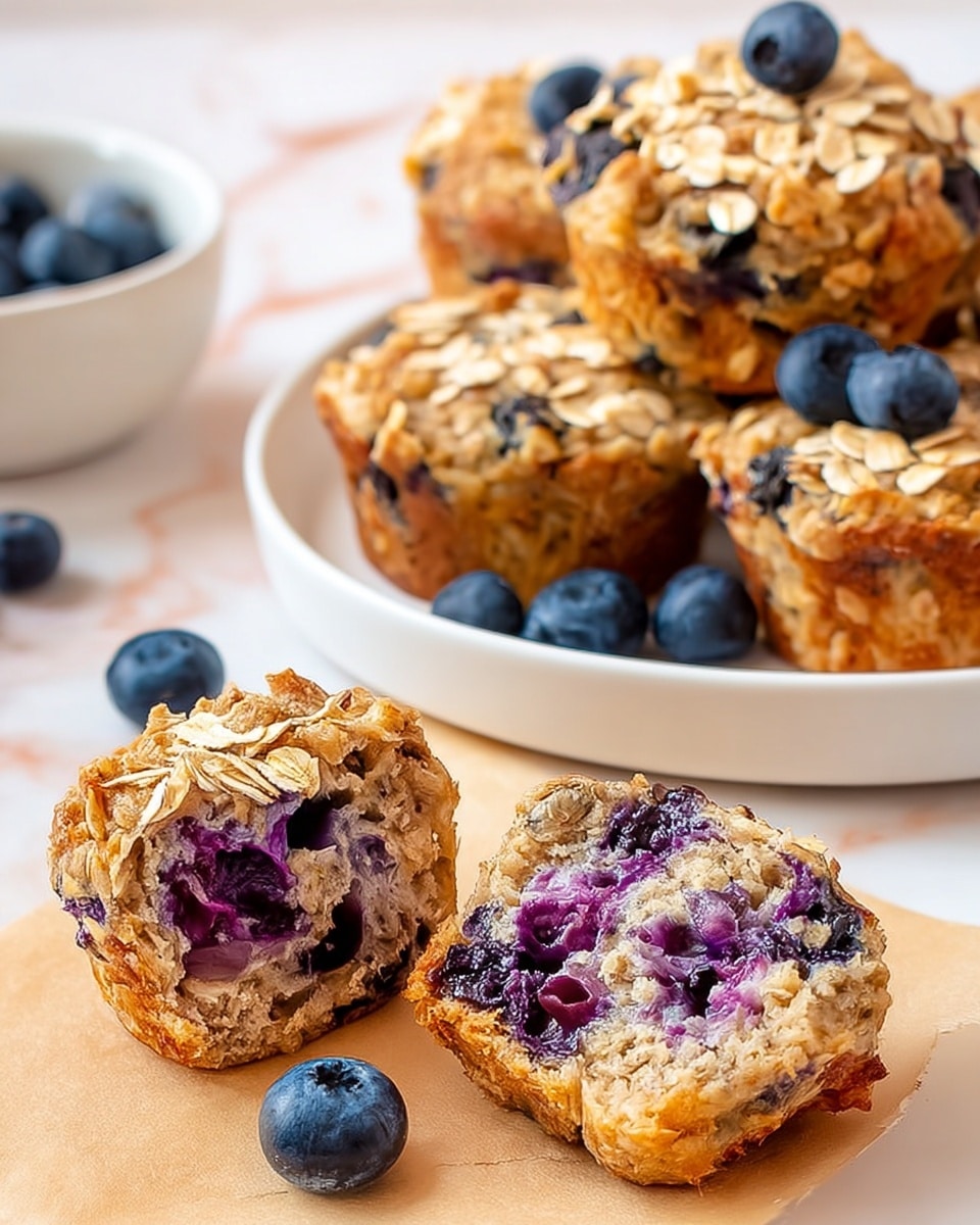 The image shows a close-up of oatmeal blueberry muffins with two halves of a broken muffin in the front, revealing the inside texture filled with blueberries and oats in mixed purple and creamy beige colors. Behind them, there is one whole muffin, topped with whole oats and blueberries. A white plate filled with more muffins is placed in the top right corner, with blueberries scattered around on a light brown paper and a white marbled surface. The muffins have a rough, crumbly texture with visible oats and juicy blueberry spots throughout, with golden-brown baked edges. photo taken with an iphone --ar 4:5 --v 7