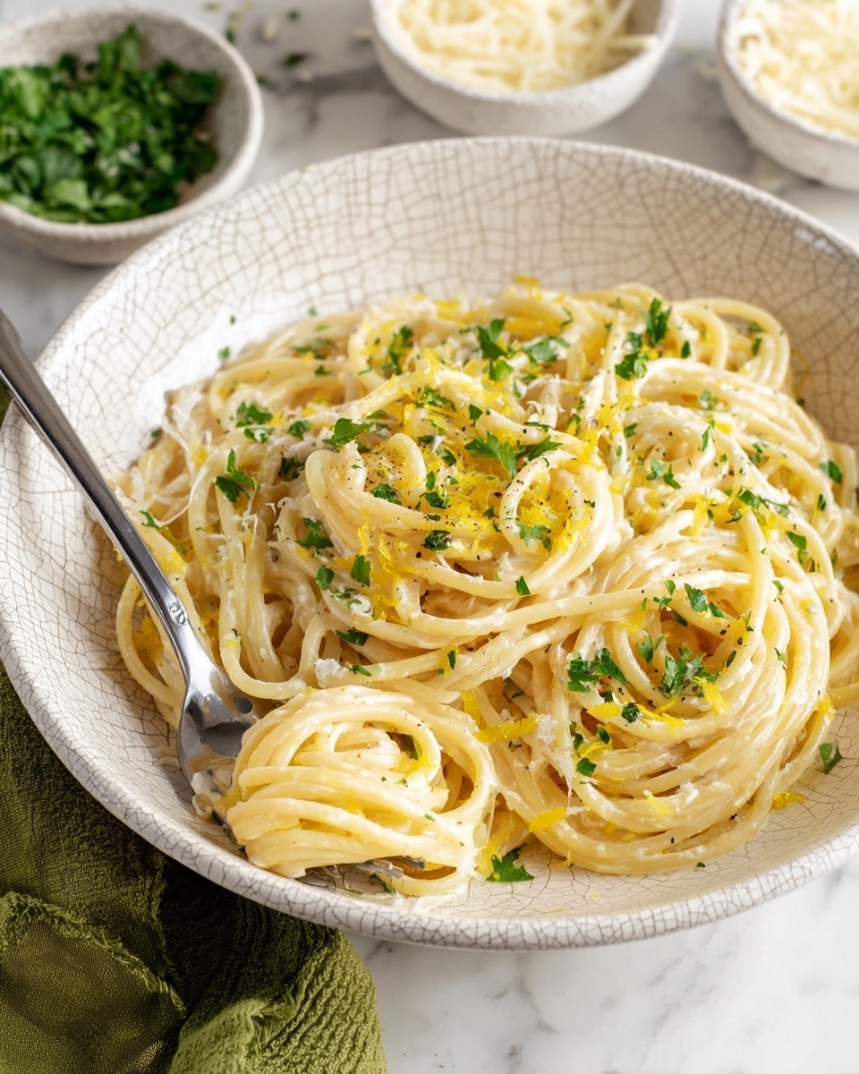 A white bowl with a crackled pattern holds a serving of spaghetti pasta in a creamy light yellow sauce. The pasta is lightly sprinkled with finely chopped green herbs and small bits of grated white cheese. There are thin strips of bright yellow lemon zest mixed throughout the noodles. A silver fork is placed inside the bowl on the left side, partly tangled in the spaghetti. The bowl sits on a white marbled surface with a green cloth napkin folded nearby and smaller white crackled bowls filled with shredded cheese and chopped herbs in the background. photo taken with an iphone --ar 4:5 --v 7