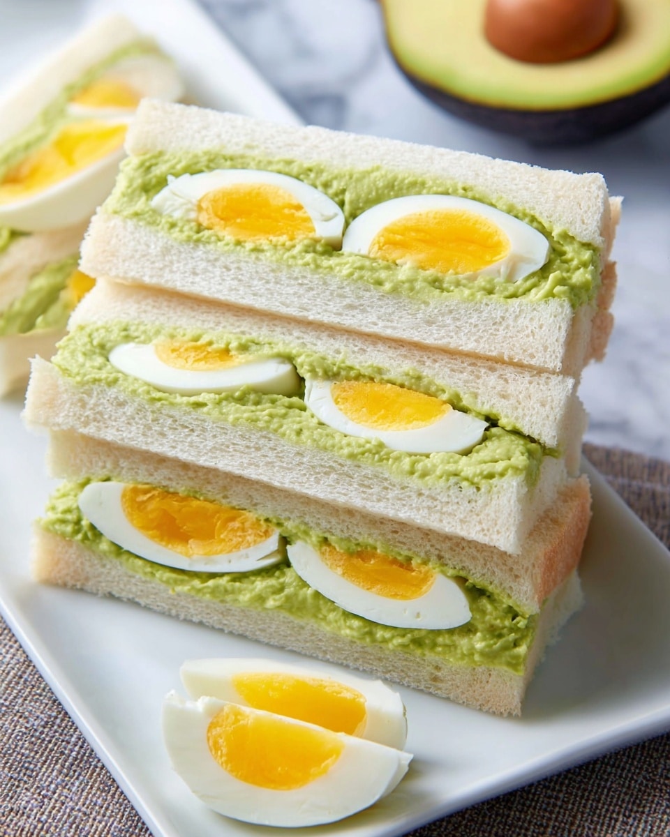 The image shows four sandwich pieces stacked neatly on a white rectangular plate placed on a white marbled surface. Each sandwich has three layers of soft white bread with a thick middle layer of creamy pale green avocado spread. Inside the avocado spread is a halved soft-boiled egg with bright yellow yolk showing in the center of each sandwich. The texture of the avocado spread looks slightly chunky, while the bread looks soft and fluffy. In the background on the right, half of a fresh avocado with a brown seed is visible, and near the plate are small wedges of boiled egg. Photo taken with an iphone --ar 4:5 --v 7