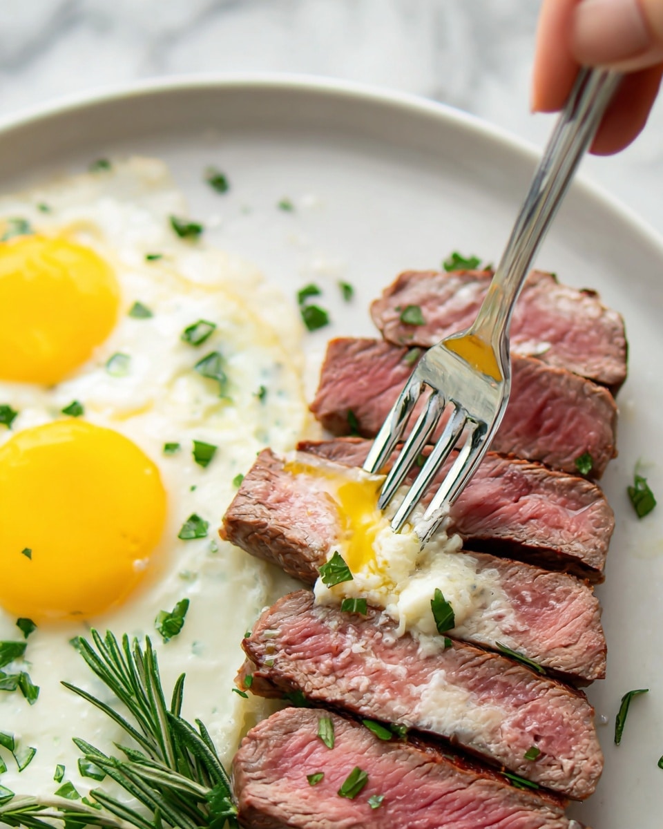 The image shows a close-up of a white plate on a white marbled surface. There are five slices of medium-rare cooked meat arranged vertically on the right side of the plate, each slice pink in the center with a light browned edge. On the left, there is a sunny-side-up fried egg with a bright yellow runny yolk and white cooked edges. A silver fork is held by a woman's hand, gently pressing into the egg yolk, causing it to slightly spread. Small green herbs are sprinkled over the meat and egg, adding a touch of color, and a sprig of rosemary lies on the edge of the plate. The photo taken with an iphone --ar 4:5 --v 7