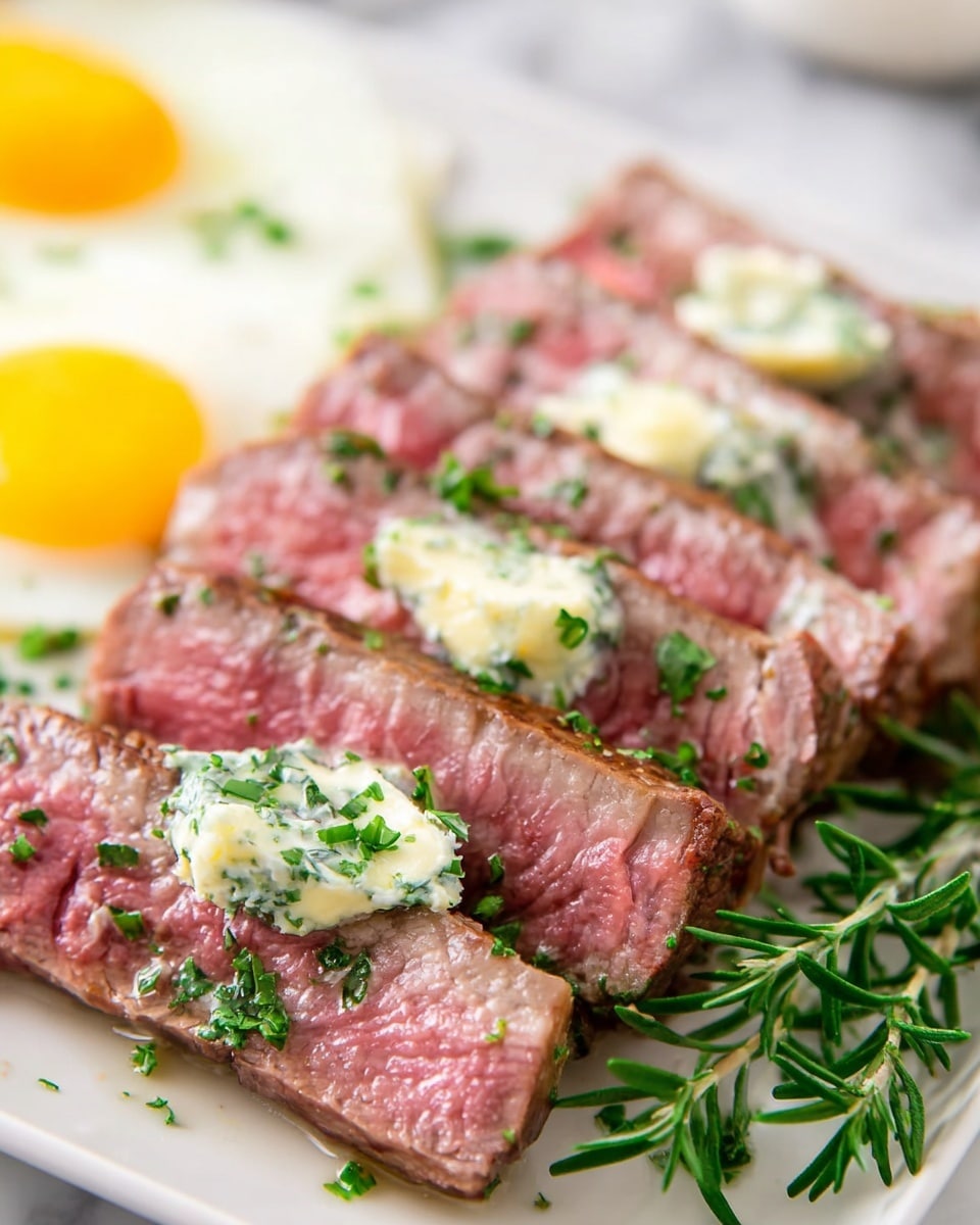 A white plate holds five thick slices of pink steak arranged in a row, each with a small dollop of white herb butter with green flecks on top, glistening and slightly melting. The steak edges are seared light brown, and finely chopped green herbs are sprinkled over the meat. In the background, there are two cooked eggs with bright yellow yolks and white edges blurred softly. A sprig of fresh green rosemary is placed near the bottom right side on the white marbled surface. photo taken with an iphone --ar 4:5 --v 7