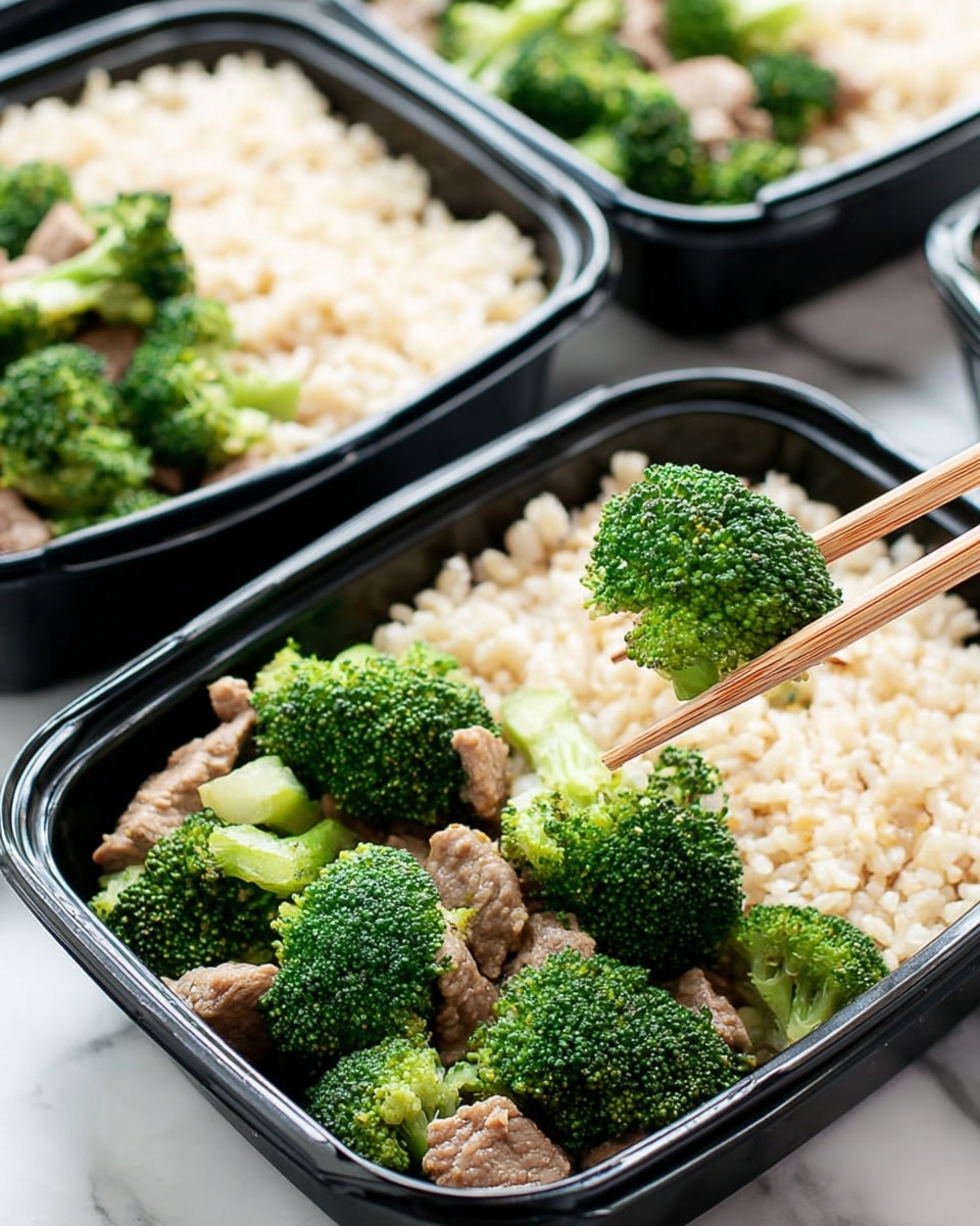 The image shows four black meal prep containers on a white marbled surface, each filled with two layers. The top layer has bright green broccoli florets that look fresh and slightly cooked, mixed with light brown pieces of meat. The bottom layer, filling about half of each container, consists of light tan-colored cooked rice with a soft, fluffy texture. One container is in focus, with wooden chopsticks holding a piece of broccoli above the meat. Photo taken with an iphone --ar 4:5 --v 7