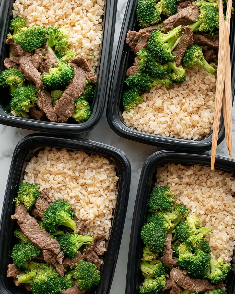 The image shows four black meal prep containers on a white marbled surface, each filled with two main layers. One layer is light brown cooked rice, taking up about half of each container, with a soft, slightly moist texture. The other layer features bright green broccoli florets mixed with medium brown cooked beef strips, arranged closely together, showing a fresh and tender look. A pair of wooden chopsticks rests on the top right container. The overall scene is clean and organized, with natural lighting highlighting the colors and textures of the food photo taken with an iphone --ar 4:5 --v 7