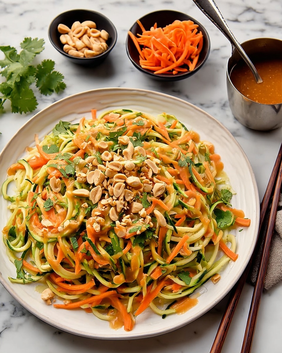 The dish shows a white plate filled with two layers of thin vegetable strips: the bottom layer is light green zucchini noodles with a fresh and slightly shiny texture, while the top layer is bright orange carrot strips with a fresh, crisp look. The dish is sprinkled with chopped light brown peanuts and bright green cilantro leaves scattered evenly on top. Around the plate, there are dark brown chopsticks placed diagonally on the right side, a small black bowl with whole peanuts on the top left, another small black bowl with extra carrot strips on the top right, and a small metal cup with a brown sauce and a spoon inside it, sitting on a white marbled surface. Photo taken with an iphone --ar 4:5 --v 7