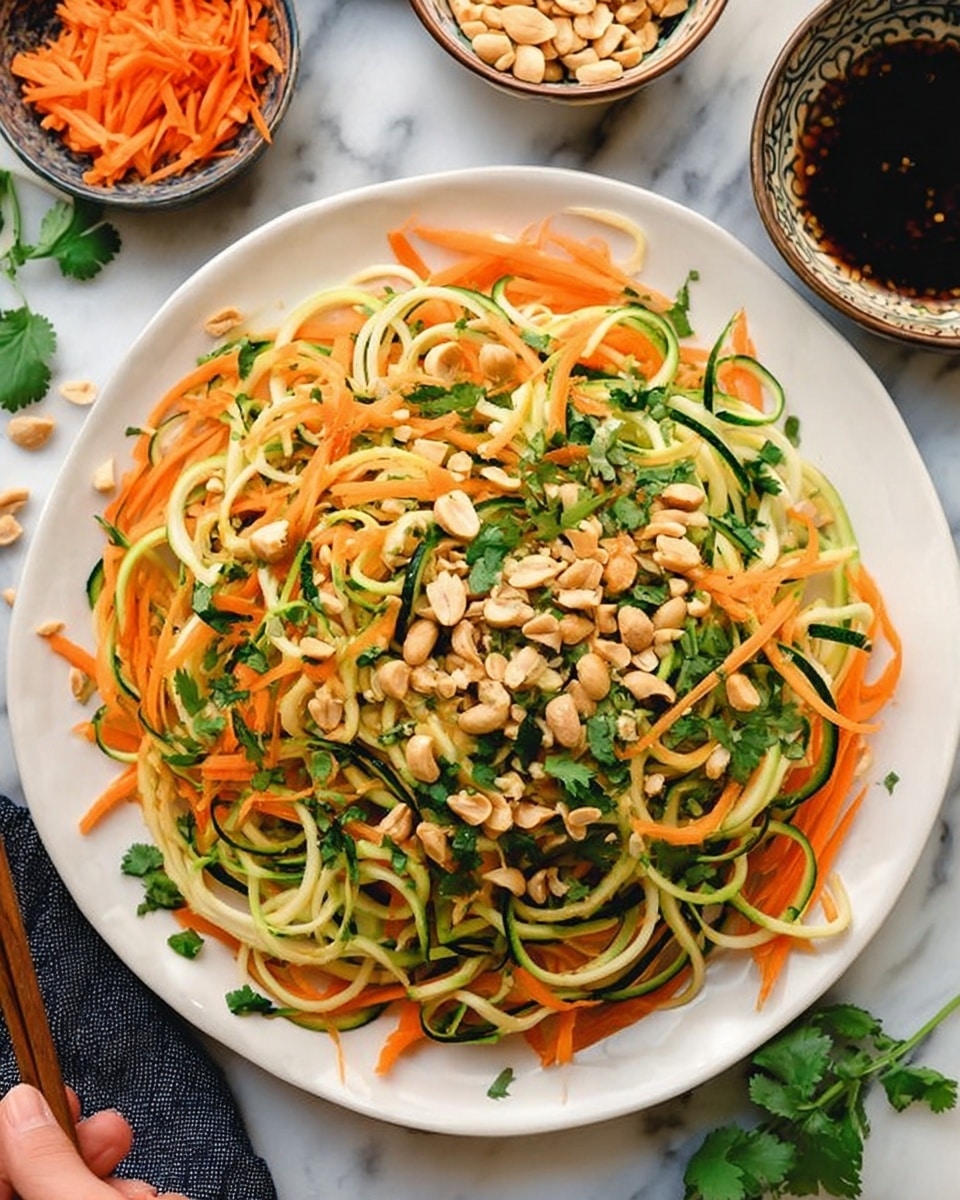 A white plate is full of thin spiral noodles made from green zucchini and pale yellow squash as the bottom layer. On top, there are bright orange shredded carrots scattered evenly. The dish is sprinkled with small pieces of chopped light brown peanuts and fresh green cilantro leaves. The plate sits on a white marbled surface with small bowls nearby holding extra peanuts, more shredded carrots, and a dark sauce. A woman's hand with chopsticks is moving near the bottom left corner. photo taken with an iphone --ar 4:5 --v 7