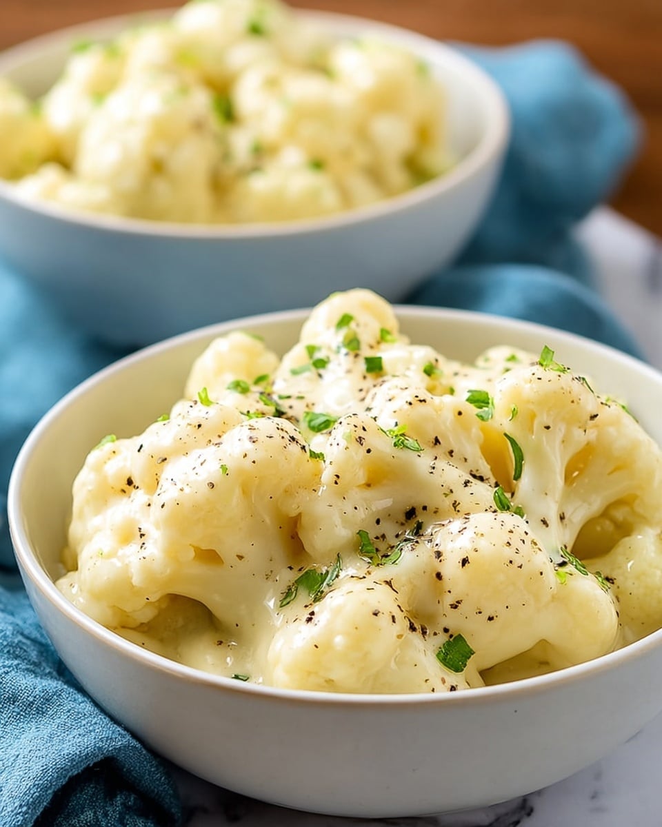 A white bowl filled with creamy cauliflower cheese. The dish has visible cauliflower florets covered in a thick, smooth, pale yellow cheese sauce. Black pepper and small green herb bits are sprinkled on top, adding texture and color contrast. The bowl sits on a white marbled surface, and a blue cloth is seen blurred in the background. Another similar bowl is visible behind the first one, slightly out of focus. Photo taken with an iphone --ar 4:5 --v 7
