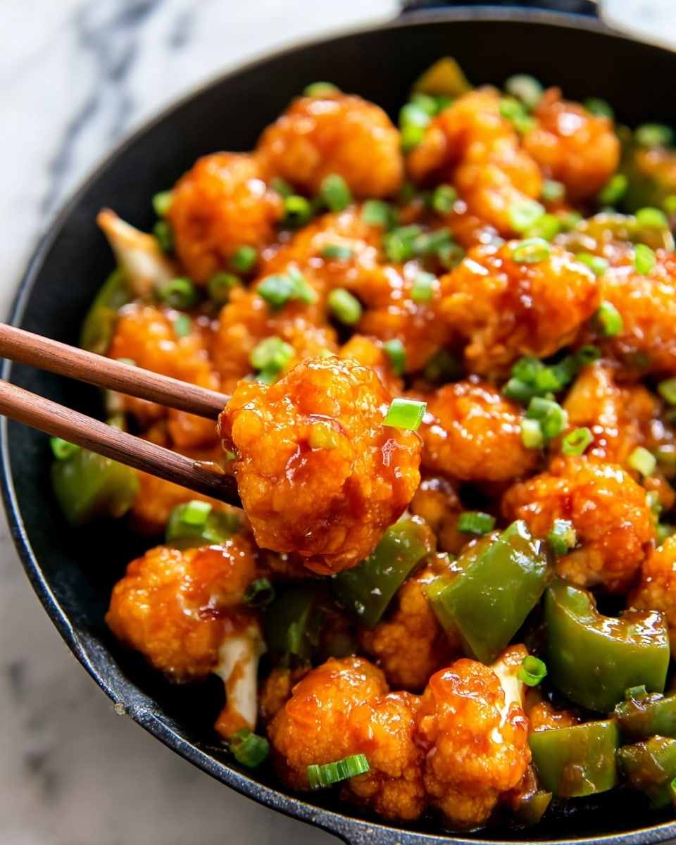 A close-up of a black skillet filled with pieces of cauliflower coated in orange glaze, mixed with chunks of green bell pepper and sprinkled with chopped green onions. A pair of wooden chopsticks holds one cauliflower piece in the center, showing its shiny, saucy texture. The cauliflower pieces are round and bumpy, with a bright orange color from the sauce, while the green bell pepper adds a contrasting deep green color. The background has a white marbled texture. Photo taken with an iphone --ar 4:5 --v 7