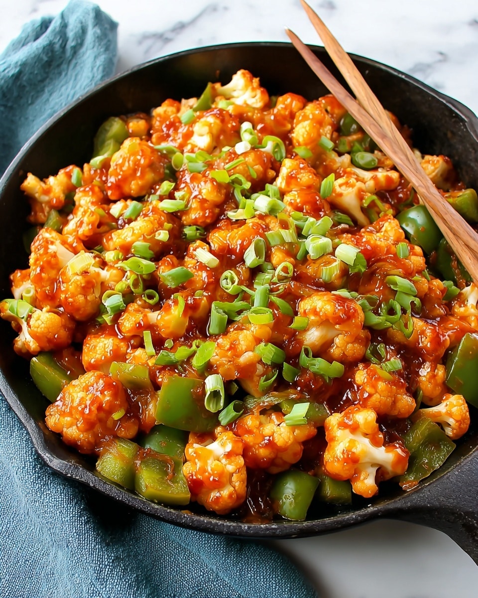 The image shows a black skillet filled with a dish made of bright white cauliflower pieces and chopped green bell peppers all covered in a shiny reddish-orange sauce. Small pieces of chopped green onions are sprinkled on top, giving a fresh green touch. Two brown chopsticks rest on the side of the skillet. The skillet sits on a white marbled surface with a soft blue cloth nearby. photo taken with an iphone --ar 4:5 --v 7