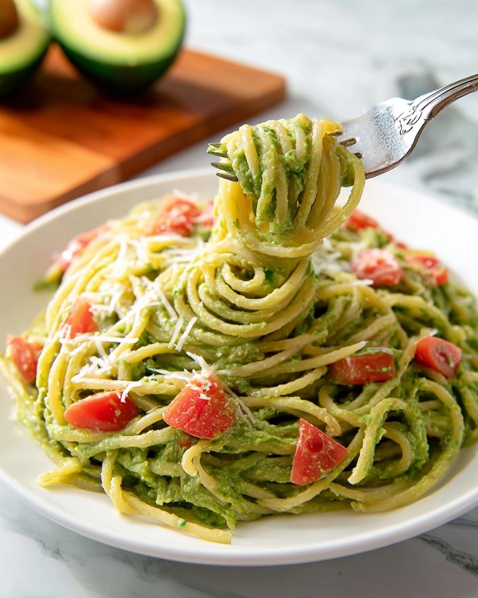 A white plate holds a large serving of spaghetti tossed in a creamy green avocado sauce, giving the pasta a smooth, thick texture coated on each strand. Small pieces of bright red tomato are scattered throughout the noodles, adding a splash of color against the green sauce. Some finely grated white cheese is sprinkled over the top, adding a light dusting effect. A silver fork lifts a twirl of the spaghetti from the plate, with the noodles wrapped tightly around the fork prongs. In the background, halved avocados rest on a wooden board, set on a white marbled surface. photo taken with an iphone --ar 4:5 --v 7
