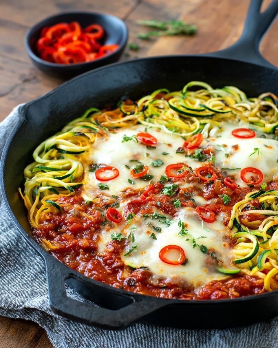 A black cast iron skillet holds a dish with three layers clearly visible. The bottom layer is a chunky red tomato sauce with bits of tomato, thick and rich. Above this, there are spiralized yellow and green zucchini noodles arranged around the edges and partially mixed with the sauce. The top layer has melted, creamy white cheese spread unevenly in three sections, sprinkled with small, round red pepper slices and tiny green herb pieces, giving pops of color across the dish. The skillet sits on a gray cloth on a wooden surface. In the blurred background, a small black bowl contains more red pepper slices. Photo taken with an iphone --ar 4:5 --v 7