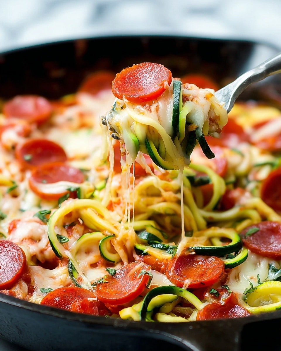 A close-up of a fork holding a bite of zucchini noodles covered in melted cheese, small red pepperoni slices, and bits of tomato sauce. Below the fork, the cast iron pan is filled with a colorful mix of green zucchini noodles, melted white cheese stretching slightly, bright red tomato sauce, and scattered pepperoni rounds, all topped with small green herb pieces. The background is a white marbled texture. photo taken with an iphone --ar 4:5 --v 7