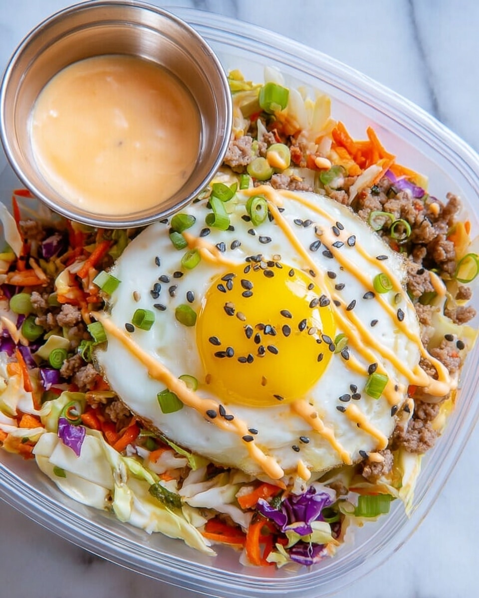 The dish is served in a clear container with a shiny small metal cup on the side holding creamy orange sauce. The main part of the dish has a mix of finely shredded vegetables including light green cabbage, orange carrots, purple cabbage, and small cooked meat pieces spread evenly at the bottom. On top is a bright sunny-side-up egg with a vibrant yellow yolk, white cooked egg white, and sprinkled with small black seeds and chopped green onions. Light orange sauce is drizzled in thin lines over the egg and the vegetables below. The container sits on a white marbled surface. photo taken with an iphone --ar 4:5 --v 7