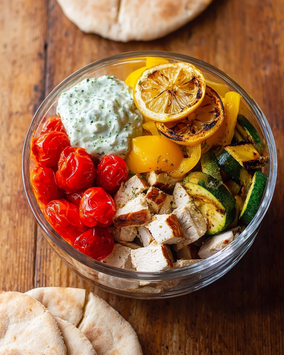 A clear glass bowl holds a colorful dish with five distinct layers: at the bottom left are chunky white pieces of cooked chicken, above which are bright red roasted cherry tomatoes still on their vine, to the right of the chicken are grilled yellow bell pepper pieces next to sautéed green zucchini chunks, and on top of the chicken and vegetables are two thin, grilled lemon slices with slightly charred edges. On the upper left side, a dollop of creamy white sauce with green herbs adds texture. The bowl sits on a wooden surface, with two pieces of light beige pita bread nearby. Photo taken with an iphone --ar 4:5 --v 7