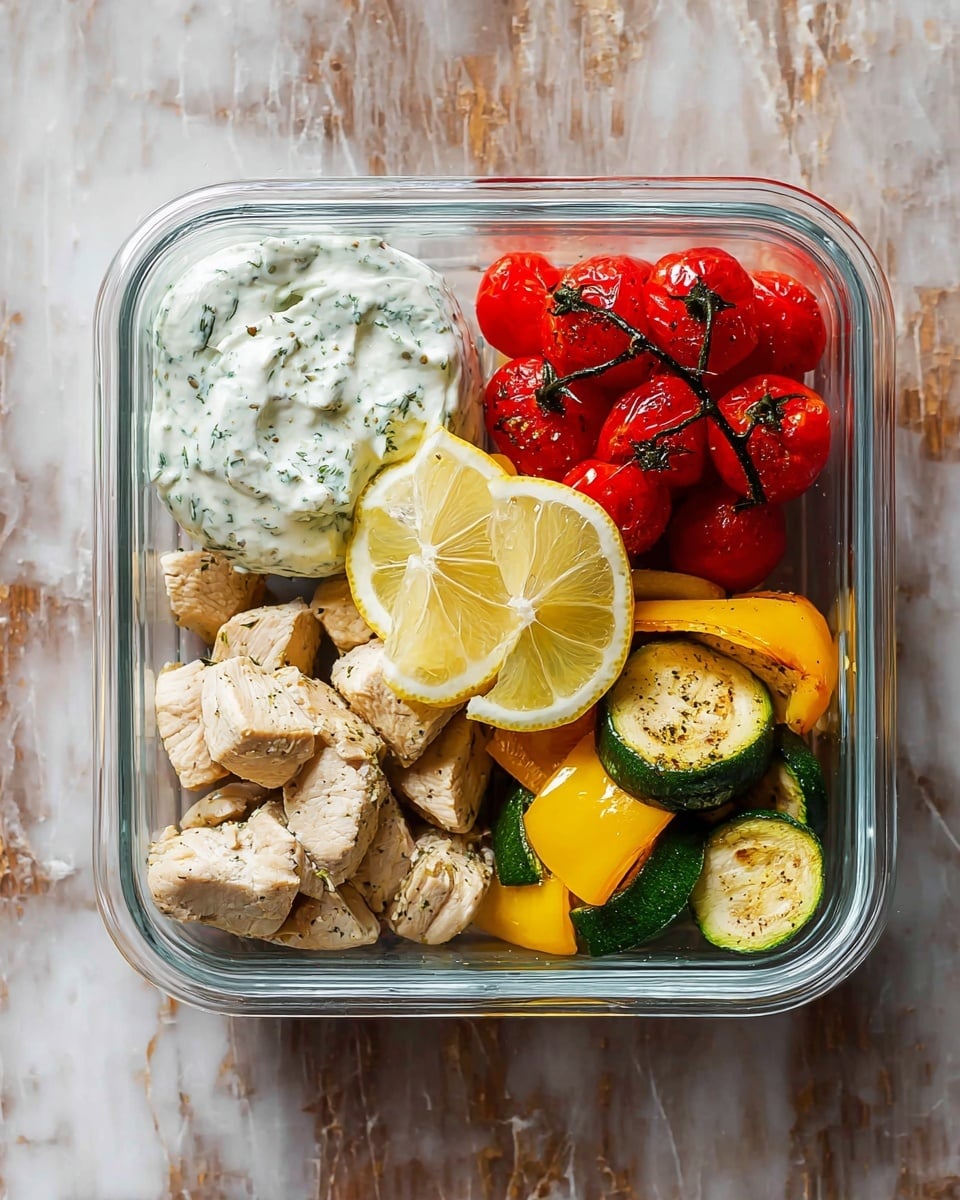 A clear glass square container with four main sections: in the top left, a dollop of white creamy sauce with green herbs mixed in; in the top right, a small bunch of bright red roasted cherry tomatoes still on the vine; in the bottom left, small chunks of light tan cooked chicken pieces; in the bottom right, a mix of yellow bell peppers and green zucchini slices. On top in the center are two round, thin slices of lemon. The container sits on a white marbled textured surface. Photo taken with an iphone --ar 4:5 --v 7