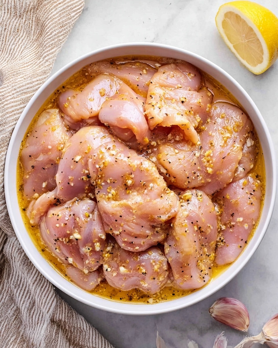 A white bowl filled with raw pink chicken pieces soaked in a yellowish marinade with visible bits of garlic and black pepper specks. The chicken pieces vary in size, layered closely to fill the bowl from the center to the edges. Surrounding the bowl is a white marbled surface, with a striped beige and white cloth to the upper left and a halved lemon nearby. Three garlic cloves rest on the surface near the bottom right of the bowl. photo taken with an iphone --ar 4:5 --v 7