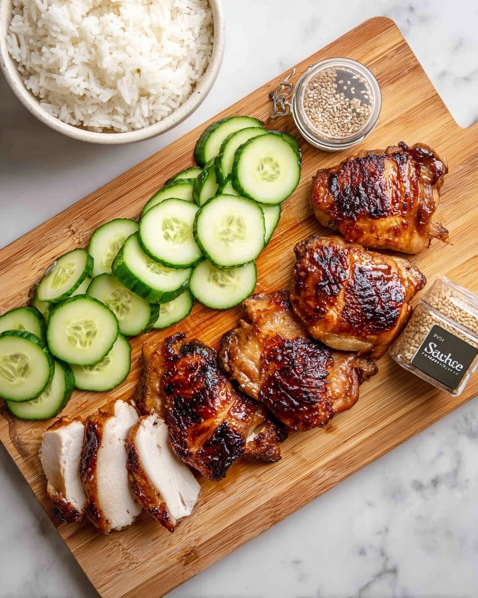 The image shows a wooden cutting board placed on a white marbled surface. On the board, there are seven pieces of grilled chicken with a shiny, caramelized brown color and slightly charred edges, some sliced into thick pieces showing white inside. To the left side of the chicken are fresh cucumber slices stacked neatly in layers, ranging from whole green cucumber to thin circular slices with light green centers. Near the top left corner, a white bowl filled with plain white rice is partly visible. On the bottom right corner of the board, there is a small clear container labeled