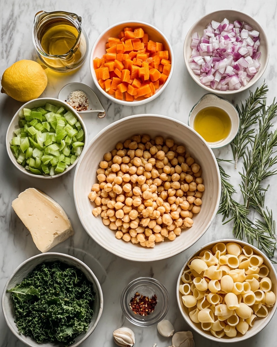 In the image, there is a large white bowl in the center filled with round, light brown chickpeas. Surrounding it are several small white bowls containing chopped green celery, orange carrot cubes, and finely chopped light purple shallots neatly arranged in a larger white bowl at the top right. To the right of the chickpeas is a bowl of small, pale yellow pasta shells, and below it is a smaller white bowl filled with dark green chopped kale. There is also a small white dish with a quarter wedge of pale yellow cheese. On the white marbled surface around these bowls, there are fresh lemons, a sprig of fresh rosemary, whole garlic cloves in a small bowl, some red chili flakes with bay leaves in another bowl, olive oil in a glass bottle, a glass measuring cup with broth, and a small container of coarse salt. The arrangement is clean and organized, making each ingredient clearly visible and ready for use. photo taken with an iphone --ar 4:5 --v 7