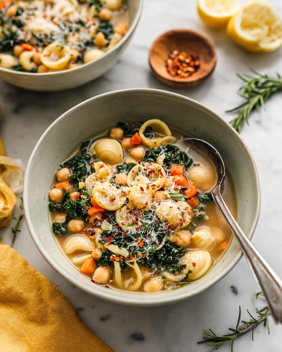 The image shows a light gray bowl filled with a soup made of three clear layers: the bottom layer is a light broth, the middle layer has pale beige chickpeas and small white pasta shells mixed with dark green kale and orange carrot cubes, and the top layer is sprinkled with white grated cheese and small red chili flakes. A silver spoon rests inside the bowl on the right side. In the background, there is another bowl with the same soup slightly out of focus, a halved lemon, a yellow cloth, small rosemary sprigs, and a wooden bowl containing red chili flakes placed on a white marbled surface. Photo taken with an iphone --ar 4:5 --v 7
