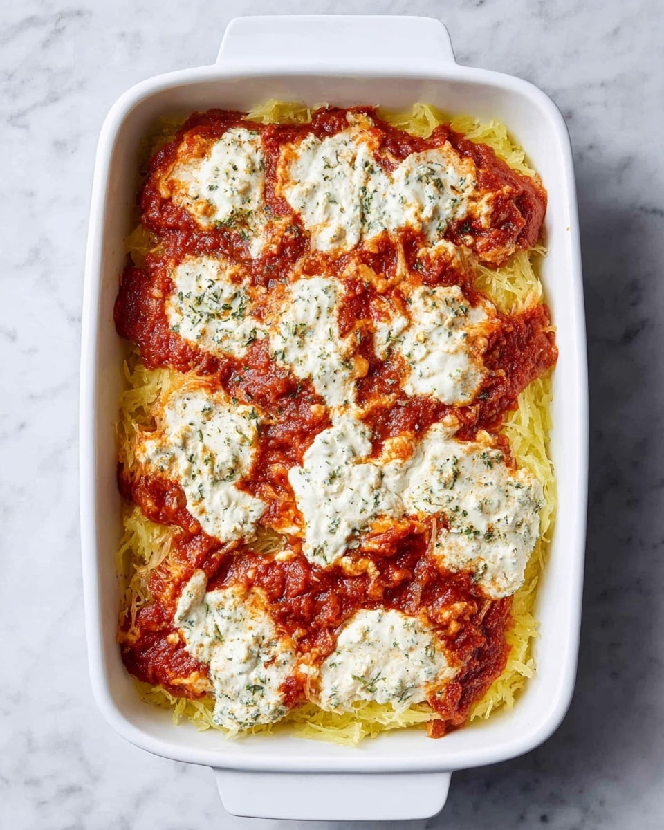 A white rectangular baking dish holds a layered dish with a base of yellowish cooked spaghetti squash strands, topped with uneven dollops of thick white cheese mixed with herbs, all covered partially by a chunky red tomato sauce spread in patches over the cheese. The cheese looks creamy with some browned spots where it has baked, while the tomato sauce has a rich, slightly textured appearance. The dish sits on a white marbled surface. photo taken with an iphone --ar 4:5 --v 7