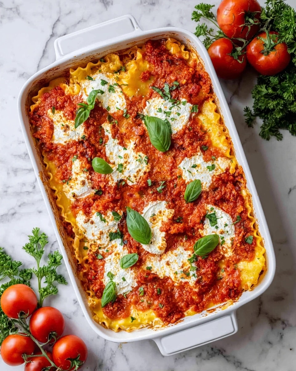 A white baking dish filled with a three-layer lasagna. The bottom layer is a rich red tomato sauce visible around the edges. The middle layer shows yellowish pasta sheets with melted cheese that has a slightly golden texture. The top layer has dollops of creamy ricotta mixed with herbs, spread unevenly, and topped with patches of thick red tomato sauce. Fresh green basil and parsley leaves are scattered on top as garnish. The dish is placed on a white marbled surface with fresh tomatoes on the vine and sprigs of parsley around it. Photo taken with an iphone --ar 4:5 --v 7