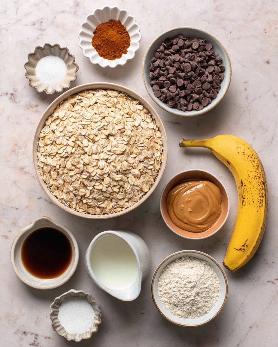 The image shows an overhead view of ingredients arranged neatly on a white marbled surface. At the center is a large bowl filled with light tan rolled oats. Above it, slightly to the right, is a white bowl full of small, dark brown chocolate chips. To the left of the chips, a small white scalloped bowl holds a reddish-brown powder, likely cinnamon. To the right of the oats, there is a smaller bowl with smooth, light brown peanut butter. Next to it is a small white bowl with coarse white salt, and below that another scalloped bowl filled with a white powder, probably baking powder. Below the oats bowl, there is a small ceramic jug with a dark syrup and next to it a small white pitcher of white milk. At the bottom left is a tiny bowl with dark brown vanilla extract. To the right, a single yellow banana with some brown spots rests on the white marbled surface. Above the cinnamon is a single brown egg. The setup is orderly and emphasizes the different colors and textures of the ingredients. Photo taken with an iphone --ar 4:5 --v 7
