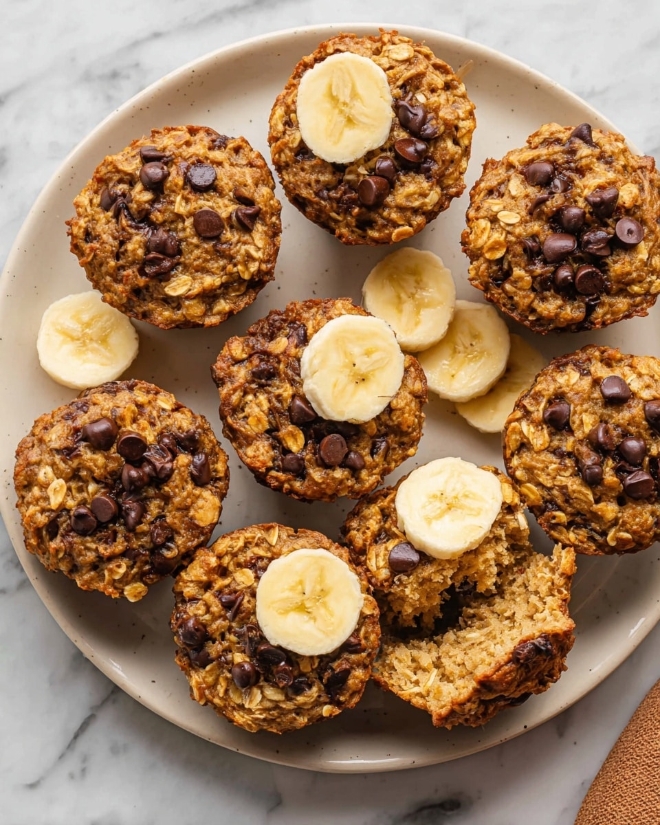 A white plate filled with nine oatmeal muffins, each round and textured from oats and scattered small dark chocolate chips, some topped with two creamy yellow banana slices. One muffin is broken open in the middle, showing a moist, dense inside with oats and melted chocolate bits. Additional banana slices are placed next to the muffins on the plate. The plate rests on a white marbled surface. photo taken with an iphone --ar 4:5 --v 7