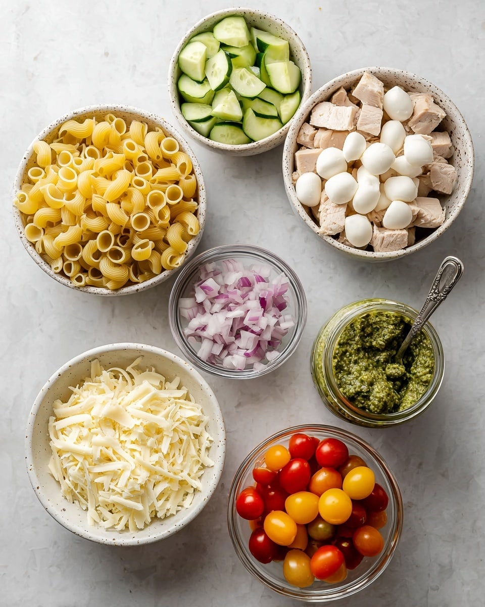 A top view of seven small bowls and a jar arranged on a white marbled surface, each holding different ingredients. Starting from the bottom left, there is a bowl filled with curled yellow pasta, its smooth surface catching light. Above it and slightly right is a speckled white bowl packed with small, white mozzarella balls. To the right, another speckled white bowl holds cubed light beige cooked chicken pieces. Above that, a clear bowl contains sliced round green cucumber pieces, with their watery texture visible. At the top left, a small clear bowl shows finely chopped red onion, vibrant and uneven in size. Below it, another small clear bowl contains soft shredded white cheese. On the far right, a jar with a hinged lid holds thick green pesto, textured with herbs and small chunks, with a spoon resting in it. At the bottom right, a clear bowl filled with halved cherry tomatoes in red, yellow, and orange colors completes the arrangement. photo taken with an iphone --ar 4:5 --v 7
