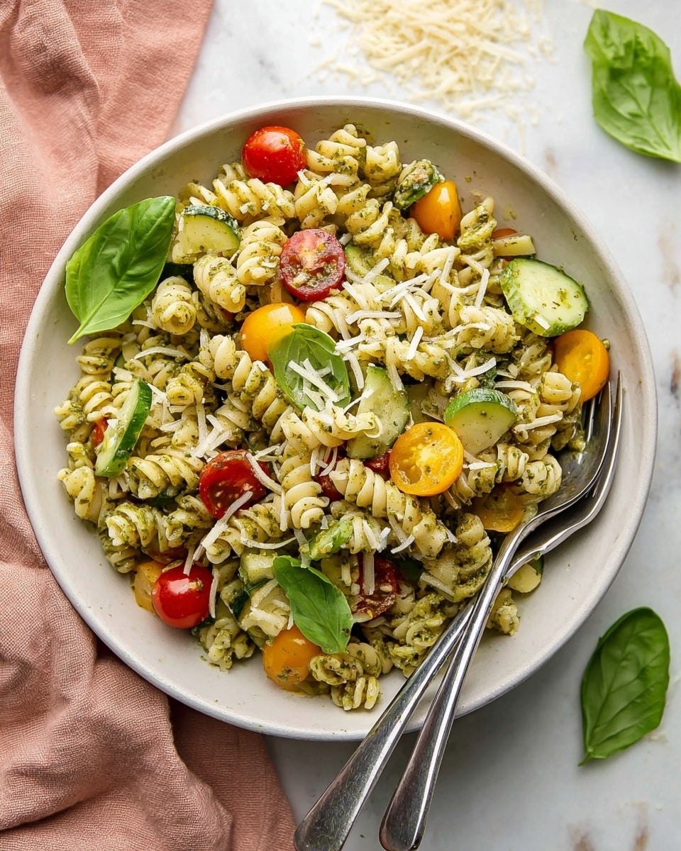 A white bowl filled with spiral pasta coated in a green pesto sauce, mixed with slices of green cucumber and halved red and yellow cherry tomatoes. Small white cubes of cheese are scattered throughout, with thin shreds of light yellow cheese sprinkled on top. Fresh green basil leaves are placed on the pasta and around the bowl, adding bright touches of color. Two metal forks rest inside the bowl, and the bowl sits on a white marbled surface with a soft pink cloth nearby. Photo taken with an iphone --ar 4:5 --v 7
